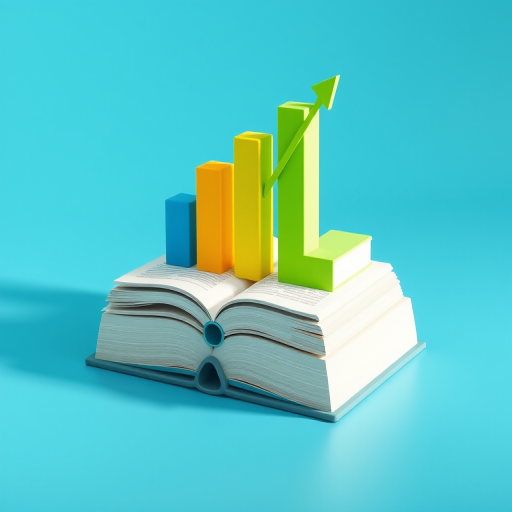 Create a high-quality 3D rendering of a book with stylized rising bar graphs in blue, yellow, and green on top, using a Canon EOS R5 with a 50mm lens, f/1.8 aperture, ISO 100, and a bright studio lighting setup.