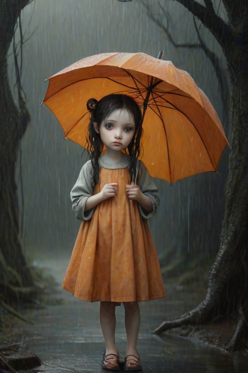 An eerie, weird little girl with dark hair in thin pigtails, wearing a smock dress, standing in the rain, holding a dirty orange umbrella, a small, odd creature beside her. In a surreal style inspired by Nicoletta Ceccoli and Brian Froud. Dark fantasy themes