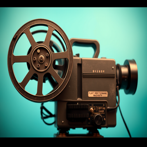 Create a high-resolution image of a vintage film projector with a turquoise background, using a DSLR camera at f/2.8 aperture, ISO 100, 35mm lens, shot from a slight low angle, with soft focus on the background to enhance depth.