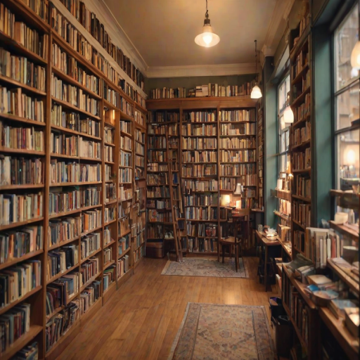 Soft-focus image of a charming bookstore with shelves filled with books, soft light illuminating cozy reading nooks and a welcoming atmosphere.