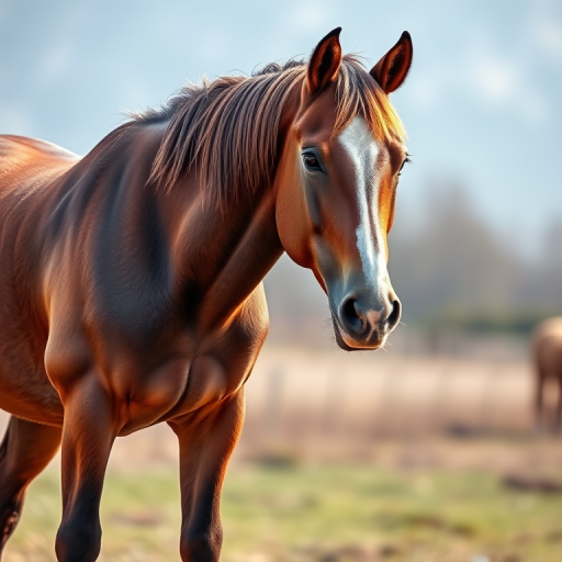 Create a high-resolution image of a standing horse with detailed fur textures, using a 50mm lens, aperture f/2.8, ISO 100, natural lighting, taken from a slightly low angle for a majestic perspective, in a digital format.