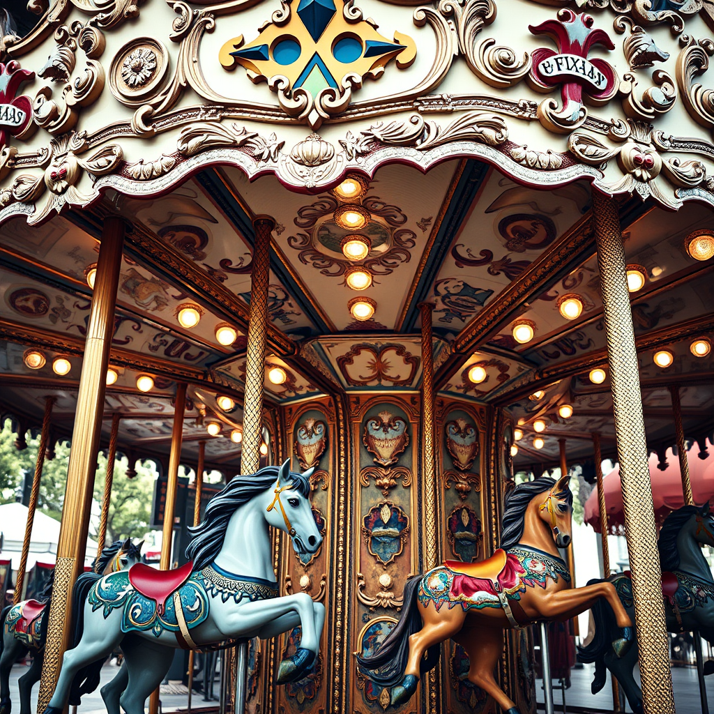 Regenerate an image of a vintage carousel with ornate decorations and colorful horses, captured in soft natural light, using a DSLR camera with a 50mm lens, aperture set to f/1.8, ISO 200, and a slight tilt-up perspective to emphasize the canopy and lights.