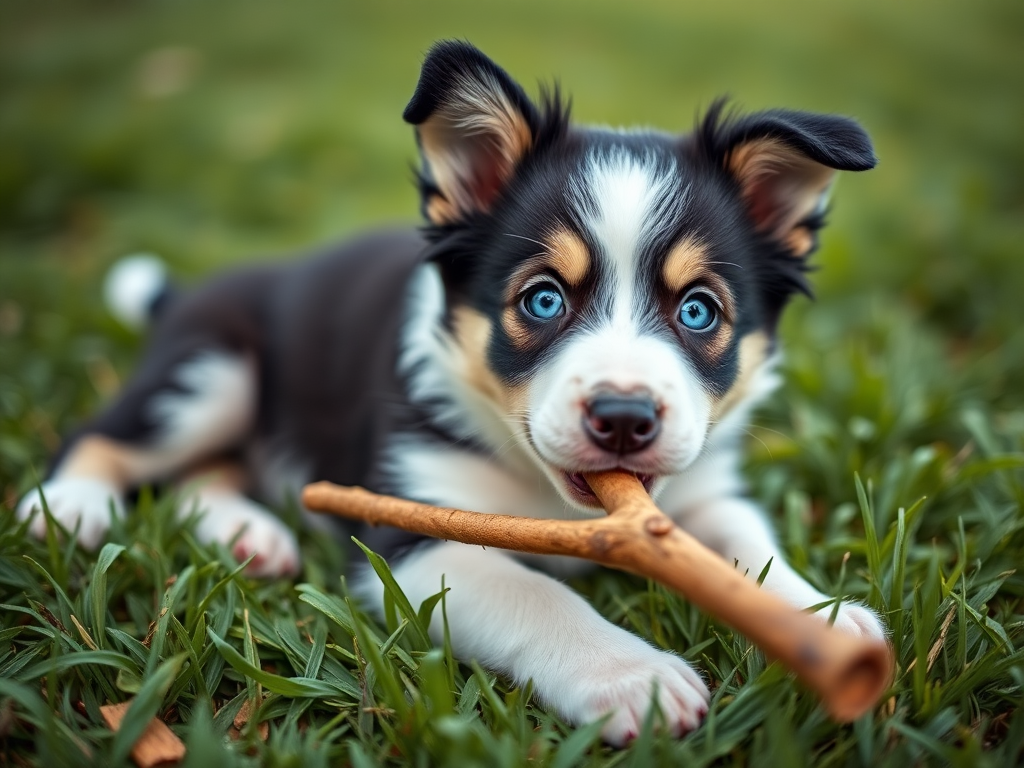 A playful black and white puppy with striking blue eyes lying on green grass, holding a stick in its mouth, shot with a DSLR camera, f/2.8 aperture, 1/500 shutter speed, ISO 200, 35mm lens, shallow depth of field from a low angle.