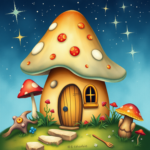 this photo is illustration of a mushroom house with a door and a window, a storybook , fantasy art, mushroom house, bg starry sky, sparkles
