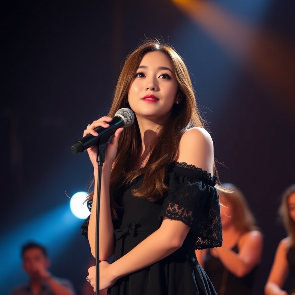 A young korean woman with long, flowing brown hair is standing in the center of the frame, holding a microphone in her right hand, and looking slightly off to the right side of the frame. She is wearing a black, off-the-shoulder dress with delicate lace detailing. The lighting is warm and dramatic, creating a spotlight effect on the singer. There are other figures in the background, blurred and out of focus, suggesting a concert or performance setting. The camera angle is low, capturing the woman from the waist up. The overall atmosphere is intimate and captivating.