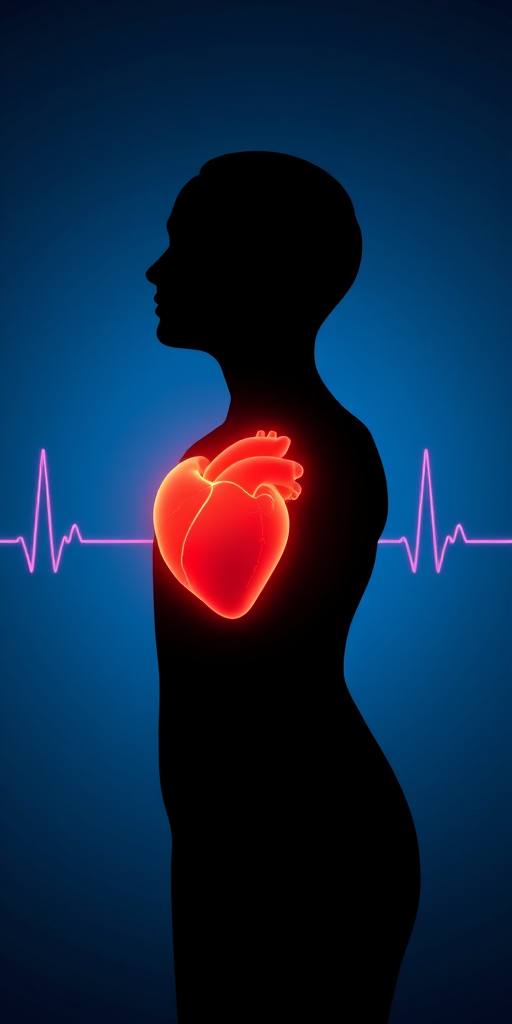 Illustrate a human silhouette with a glowing heart, set against a blue gradient background with an EKG line running horizontally, using a Canon EOS 5D Mark IV with a 50mm lens, aperture f/1.8, ISO 100, and a shallow depth of field for enhanced focus on the heart.