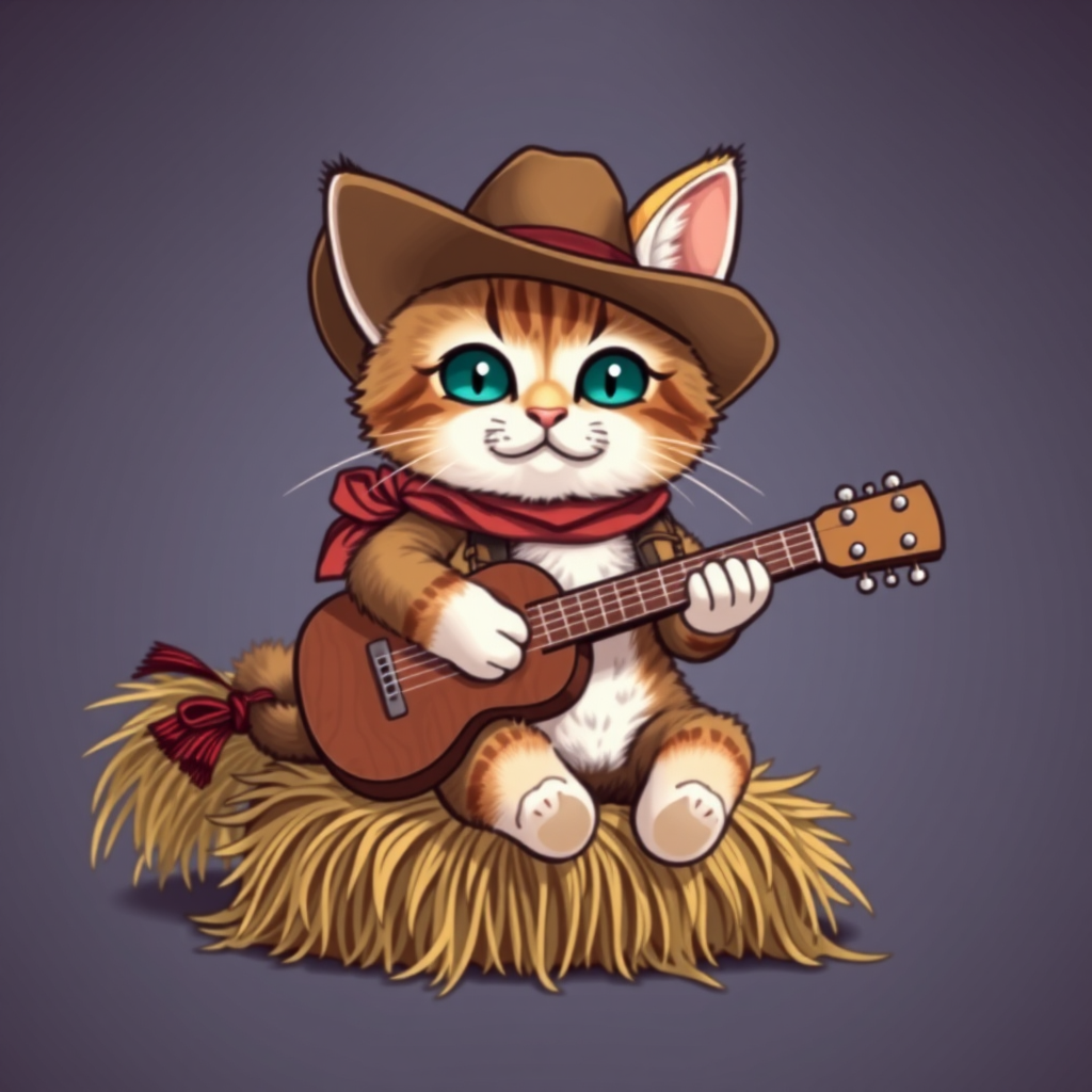 A chibi cat, dressed as a cowboy, playing guitar, sitting on a hay bale