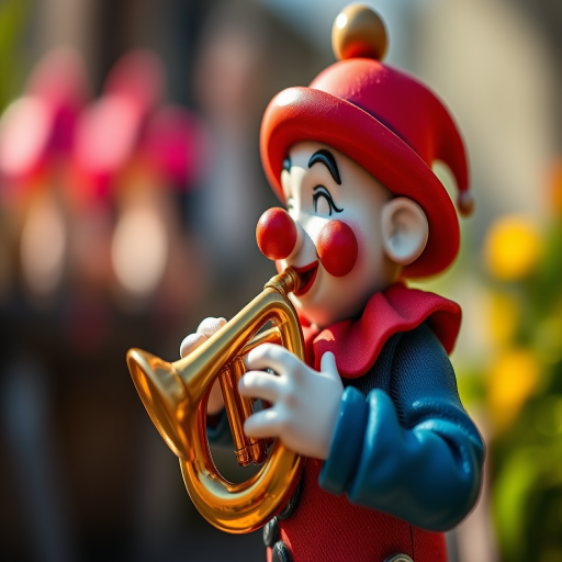 capture a clown figurine playing a tuba with a rich color palette, natural lighting, shallow depth of field, ISO 100, f/8 aperture, 50mm lens, DSLR camera, high dynamic range processing