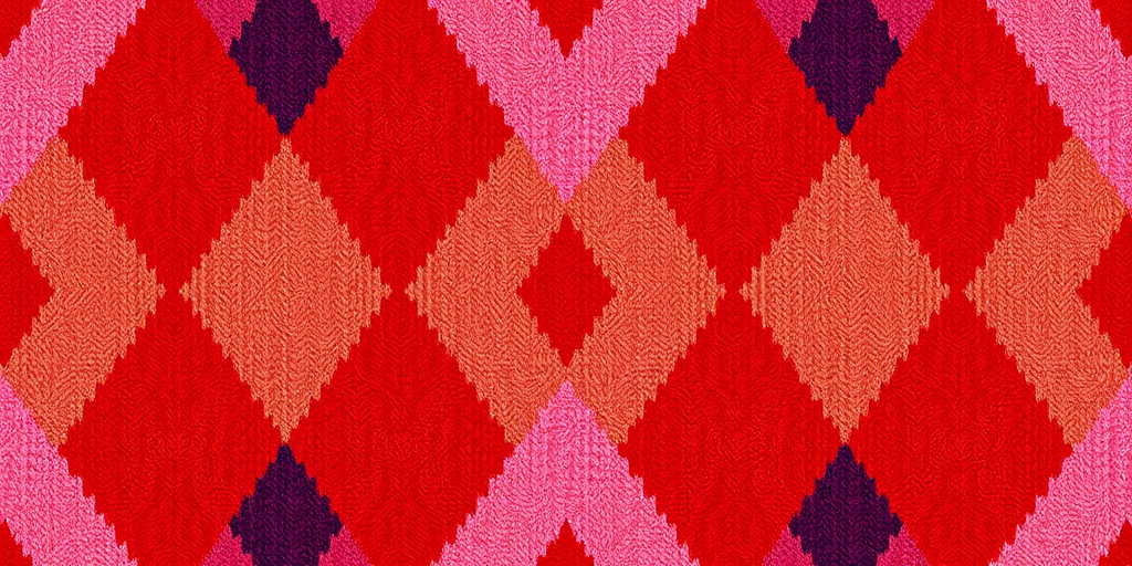 Create a vibrant argyle pattern featuring shades of red, brown, pink, and purple with a high-contrast background, captured with a Canon EOS R5, 50mm lens, f/2.8 aperture, 1/125s shutter speed, in soft natural lighting to enhance colors and detail.