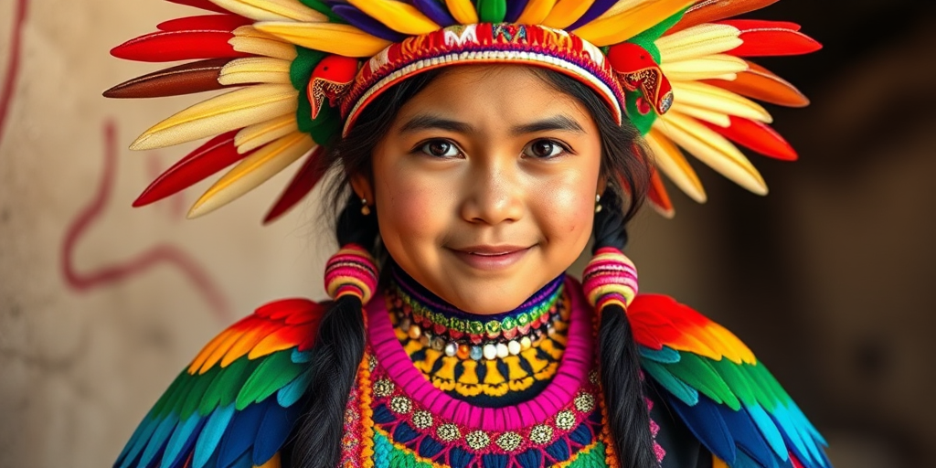 A beautiful Quechua girl, wearing colorful bird clothing with vibrant colors