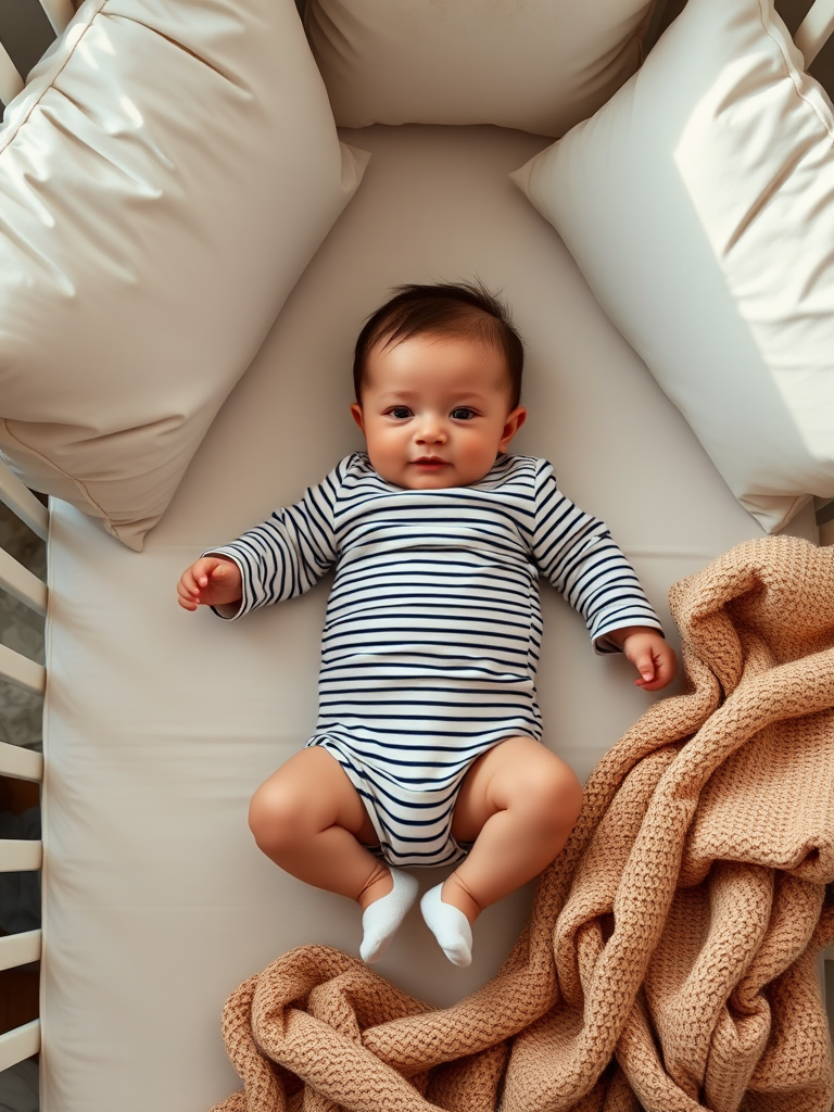 Capture a high-quality image of a baby lying on a crib mattress with a striped onesie, surrounded by soft pillows and a cozy blanket, using a DSLR camera at f/2.8 aperture, ISO 200, 50mm lens, top-down view, with natural light for soft illumination.