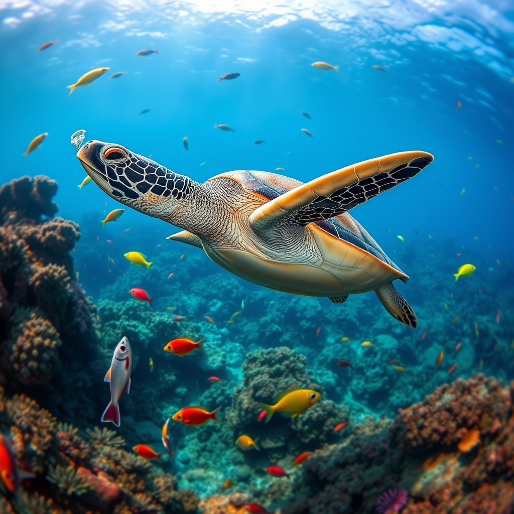 Generate a vibrant underwater scene featuring a sea turtle gracefully swimming among colorful coral and fish, captured with a DSLR camera at f/8 aperture, ISO 200, 1/250 shutter speed, in a wide-angle view to enhance depth and clarity.
