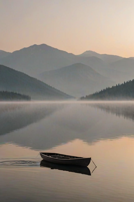 Softly focused photo of a lone rowboat drifting on a mist-covered lake at dawn, soft light from the rising sun illuminating the water, with distant mountains barely visible through the haze.