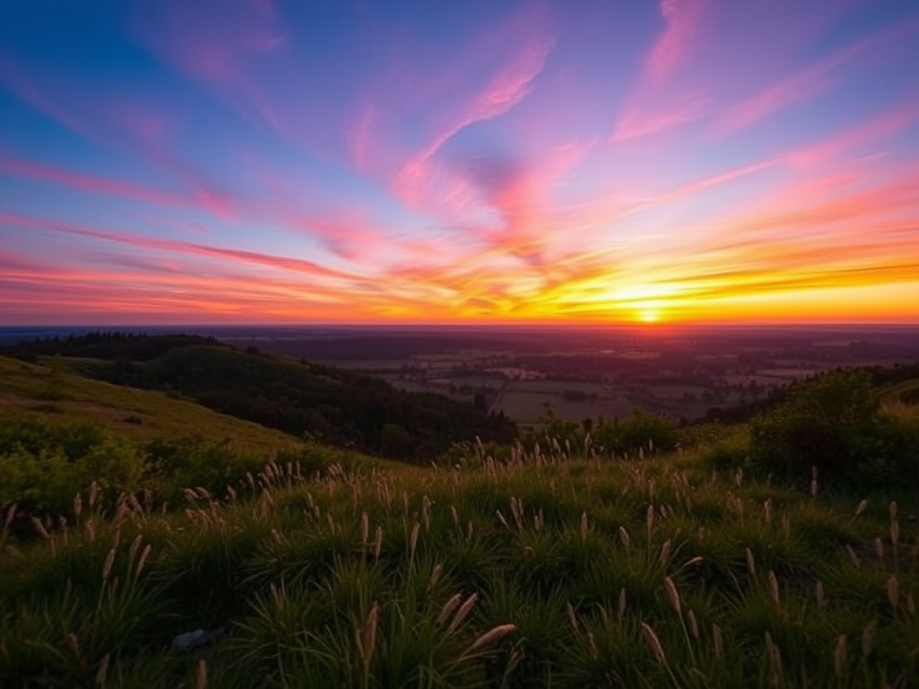 Create a high-resolution image of a serene landscape at sunset with vibrant colors, using a Canon EOS R5 camera, 50mm lens, aperture f/1.8, ISO 100, and a wide-angle perspective.