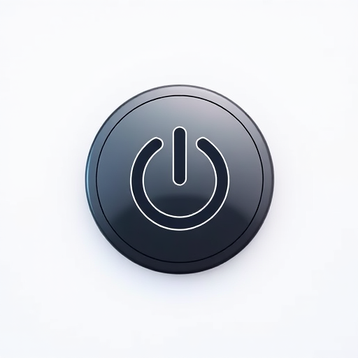 Create a high-resolution image of a power symbol icon on a sleek, circular button with a gradient background, using a 50mm lens, f/2.8 aperture, 1/100 sec shutter speed, shooting from a straight-on angle in a flat lay photography style with soft, diffused lighting.