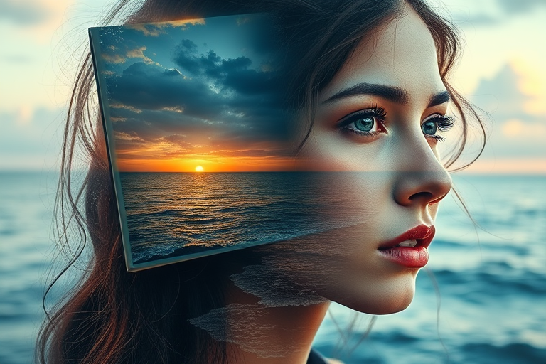 imagine Book cover, A surreal double exposure portrait that blends a woman's face with a beautiful seascape. The overall mood is dreamy and mystical, with rich colors and intricate details