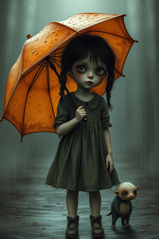 An eerie, weird little girl with dark hair in thin pigtails, wearing a smock dress, standing in the rain, holding a dirty orange umbrella, a small, odd creature beside her. In a surreal style inspired by Nicoletta Ceccoli and Brian Froud. Dark fantasy themes
