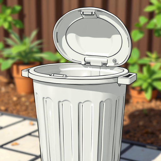 create a highly detailed illustration of an open trash can with a fitted lid, shot in high resolution using a DSLR camera with a 50mm lens, aperture set to f/1.8 for a shallow depth of field, ISO 100, and natural lighting to enhance the texture and clarity of the scene