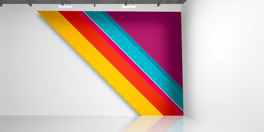 Generate an abstract geometric design with sharp angles and vibrant colors, using a DSLR camera, 50mm lens, f/1.8 aperture, ISO 100, 1/250s exposure, in a well-lit studio environment.