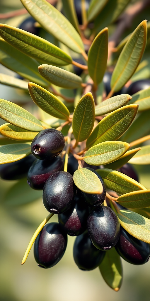 Generate a highly detailed and realistic illustration of an olive branch with ripe olives, focusing on vibrant green leaves and deep purple olives, captured with a DSLR camera at f/2.8 aperture, ISO 100, 50mm lens, in natural light for enhanced color saturation and clarity.