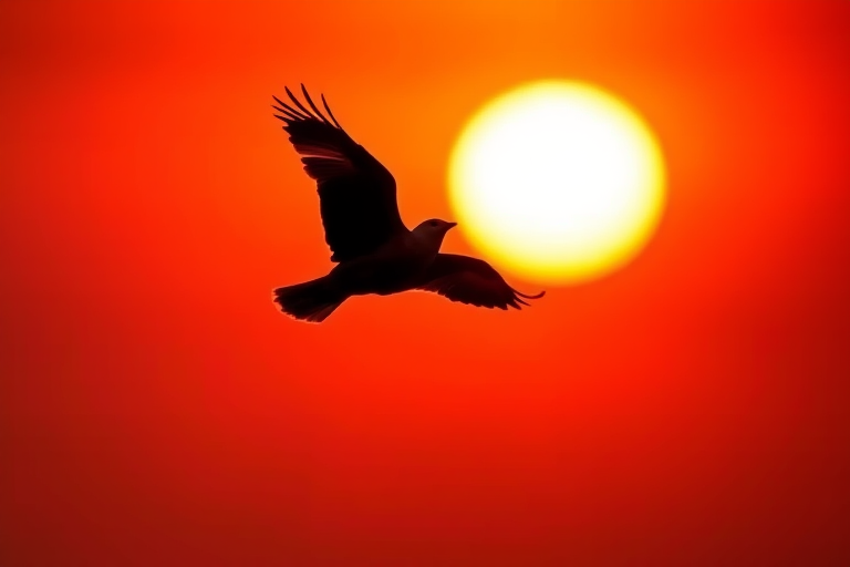 Create a high-resolution image of a silhouette of a bird flying against a sunset, captured with a Canon EOS 5D Mark IV, 50mm lens at f/8, ISO 100, shutter speed 1/250s, in a wide-angle view with a warm color palette.