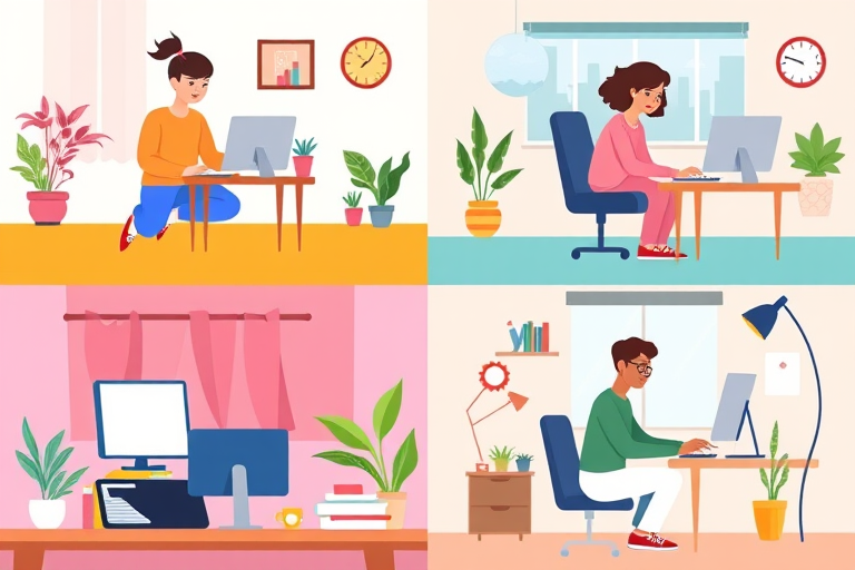 Create a vibrant illustration featuring four scenes of people working at home on computers, with a modern flat design style, high resolution, soft lighting, shot with a DSLR camera at f/2.8, ISO 100, 24mm lens, top-down view, focus on colorful details and casual home office elements like plants and coffee mugs.
