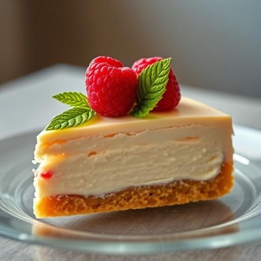A slice of cake on a clear plate with a golden crust and a creamy filling topped with fresh raspberries and a green leaf in a soft focused background.