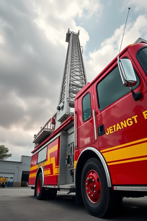 Generate a high-resolution image of a fire truck with an extended ladder reaching upward, shot with a DSLR camera at f/8 aperture, ISO 200, 1/200s shutter speed, from a low angle to enhance perspective, using a vibrant color profile to emphasize the red and yellow of the truck.