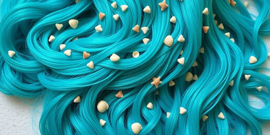 Vibrant teal mermaid waves cascade down to the waist, shimmering with iridescent highlights and adorned with tiny seashells, creating a mesmerizing oceanic allure named Aquamarine Siren