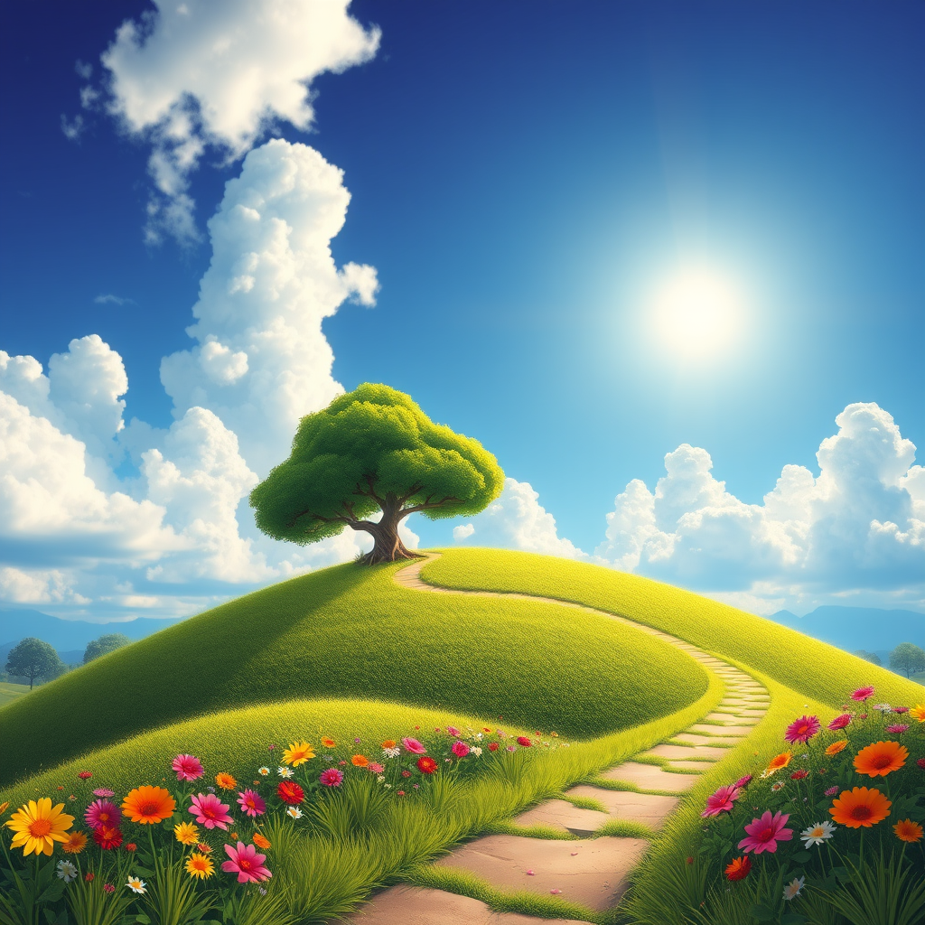 create a vibrant cartoon landscape with a green hill, a leafy tree, colorful flowers along a path, a bright blue sky with fluffy white clouds, a sun in the corner, using a DSLR camera with a 35mm lens, aperture set to f/5.6, ISO 200, and a wide-angle view to enhance depth and color saturation