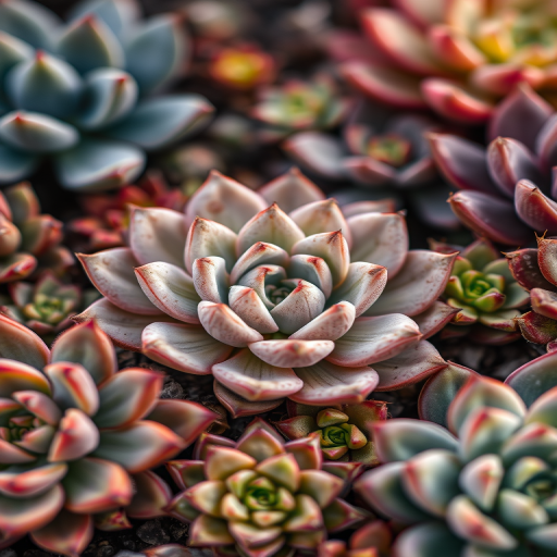 macro shot of various succulents with rich textures and colors, f/2.8 aperture, 50mm lens, natural lighting, shallow depth of field, full-frame camera