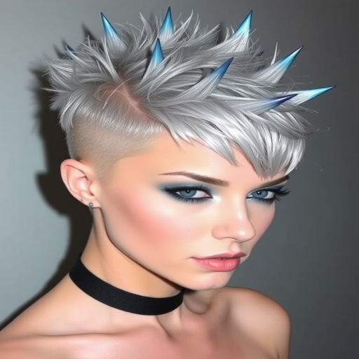 Striking silver pixie cut with textured spikes and metallic blue tips, creating an avant-garde alien-inspired look called Lunar Punk