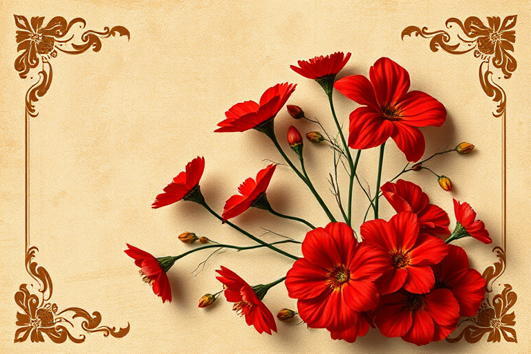 Create a vintage floral design with red blooms on a textured beige background featuring ornate corner decorations, shot with a DSLR camera at f/4, ISO 100, 50mm lens, in natural light.