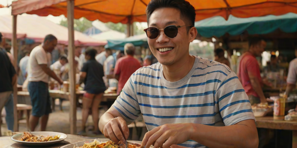 Medium shot photo of an East Asian man with a light to medium skin tone, seated at an outdoor food stall under an orange tent. He is smiling warmly, wearing a casual blue and white striped T-shirt, and a pair of sunglasses hangs around his neck. The man is enjoying a meal with a plate of mixed grilled fish and vegetables, which rests on a wooden table in front of him. A bottle of beer is placed on his left side, and a can of soda is near his right hand. The background features a bustling market scene, with several people visible, including someone serving food behind a counter with packaged goods. The warm, diffused lighting from the tent casts a soft orange glow on the setting, contributing to the lively, relaxed atmosphere of a street food market. The composition captures a casual, candid moment, emphasizing the vibrant, dynamic environment filled with colors and textures