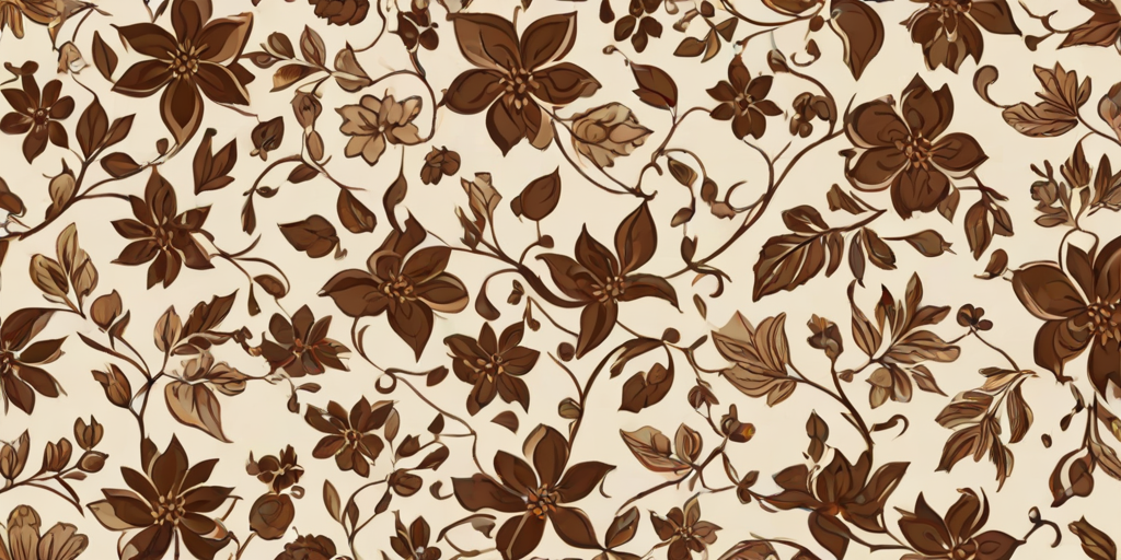 Create a seamless floral pattern featuring large brown and beige flowers with intricate designs, accompanied by smaller flowers and gentle vines on a light beige background.