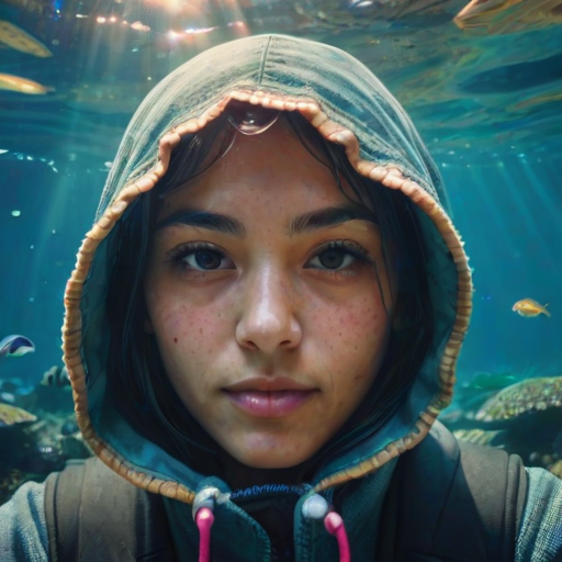 Realistic selfie image of a Kyrgyz, wearing a vintage outfit, detailed dreamy eyes, droopy hooded eyes, staring at the camera, taken underwater at coral reef with a sunbeam filtering through the water, vibrant, summer vacation, natural lighting, turtle and school of tropical fish with vibrant colors, rendered in the style of CryEngine, Pegi Nicol MacLeod, with realistic genre scenes, hauntingly beautiful narratives, ultra-realism, and Thomas Saliot's close-up technique, 8K resolution, crystal clear and sparkling water.