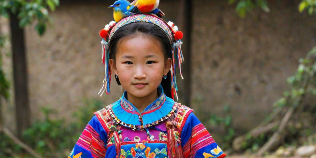 A beautiful Miao girl, wearing colorful bird clothing with vibrant colors