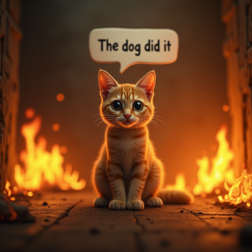 Photorealistic image of an innocent-looking cat sitting calmly in the middle of a burning room. Flames engulf the room, with fire licking up the walls and smoke filling the air. The cat is sitting on the floor, looking directly at the viewer with wide, innocent eyes. Above the cat, a speech bubble says "The dog did it". The contrast between the cat's calm demeanor and the chaos around it creates a humorous and surreal scene.