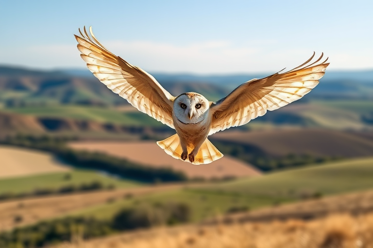 Create an image of a barn owl in mid-flight against a panoramic landscape background with rolling hills under a bright blue sky, using a DSLR camera with a 200mm lens, aperture set at f/4, shutter speed 1/1000 sec, ISO 400, shot from a low angle to emphasize the owl's wings and details.