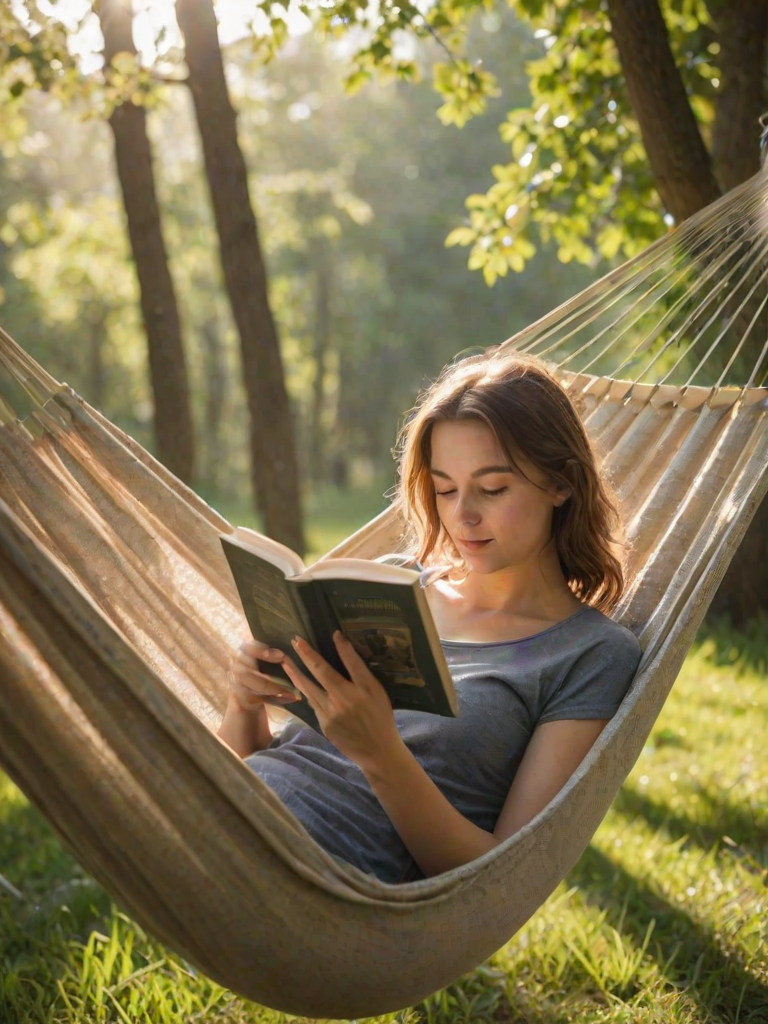 Softly focused image of a young woman reading a book in a hammock, soft sunlight filtering through the leaves above, with distant birds chirping and the smell of fresh grass in the air.
