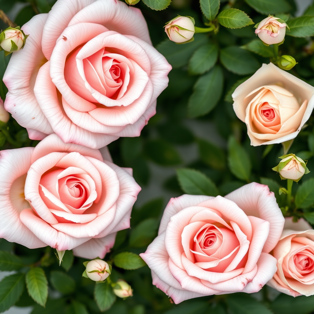 Create a high-resolution floral frame featuring soft pink and cream roses with green foliage, using a Canon EOS R5 camera at f/2.8, ISO 100, 50mm lens, overhead view, natural light style.