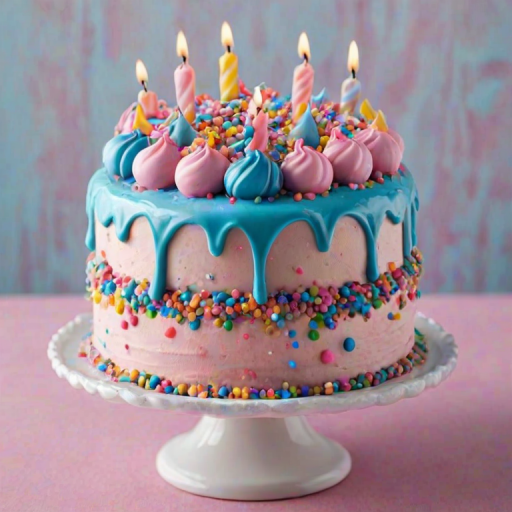Create an image of a colorful birthday cake with layers of light blue and pink frosting. The top should be adorned with swirls of pink icing, colorful sprinkles, and bright pink candy balls. Include a glossy drip effect along the sides of the cake and a sprinkle-covered base. The background should be a soft, neutral tone to highlight the cake.