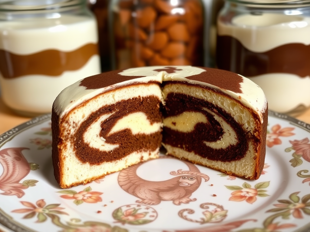 A beautifully sliced marble cake showing distinct layers of vanilla and chocolate flavors on a decorative plate with a soft focus background of glass jars.