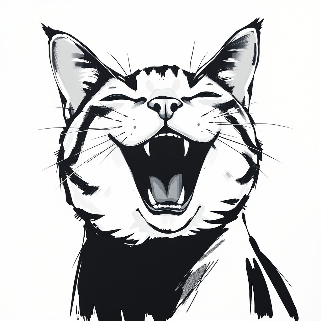 Abstract black and white acrylic portrait of an over exaggerated laughing (cat). Minimalism style. White background.