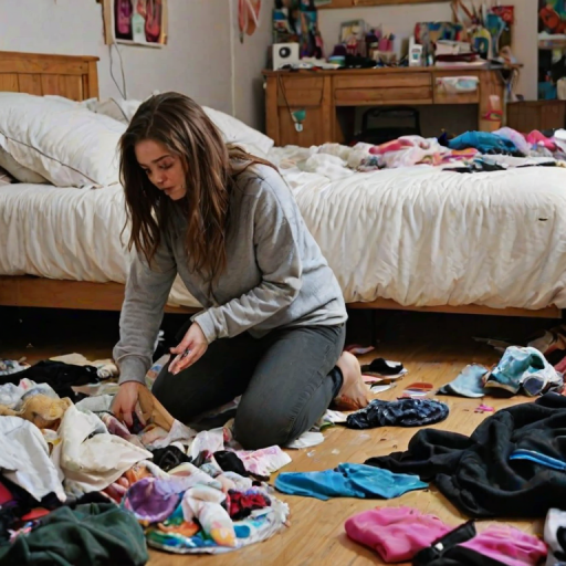 messy, indoors, 1girl, bedroom, bed, messy room, clothing on floor, clutter, kneeling,