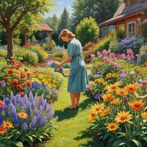 Beautiful garden in full bloom, with a variety of flowers and plants, a woman tending to the garden with a watering can, surrounded by vibrant colors and buzzing bees.