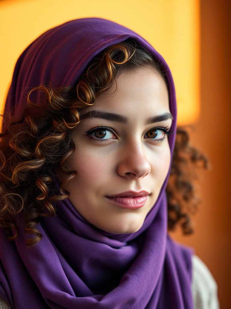 portrait of a young woman with curly hair wearing a purple headscarf, soft natural lighting, warm background, camera settings: f/2.8, ISO 100, shutter speed 1/125, camera view: close-up, camera style: shallow depth of field, camera type: DSLR