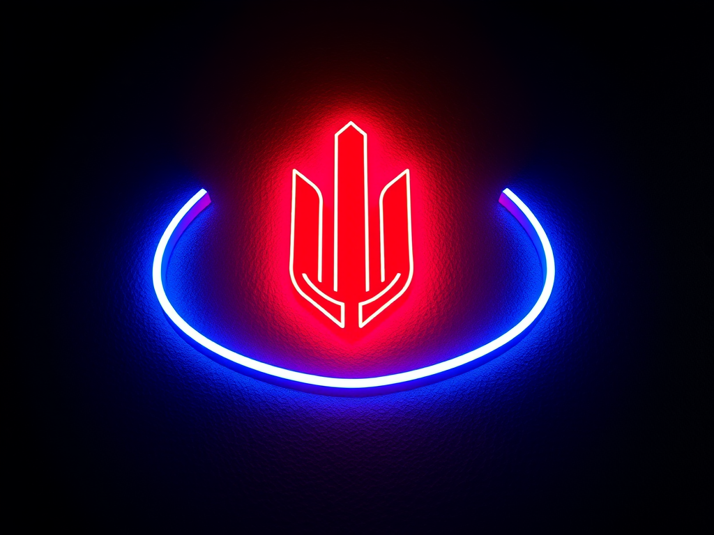 Create a high-resolution 3D render of a glowing logo with a dramatic blue and red neon effect, using a DSLR camera with a 50mm lens at f/1.8, ISO 100, and a shutter speed of 1/125s, shot from a low angle to emphasize depth and detail, in a dark, textured background for contrast.