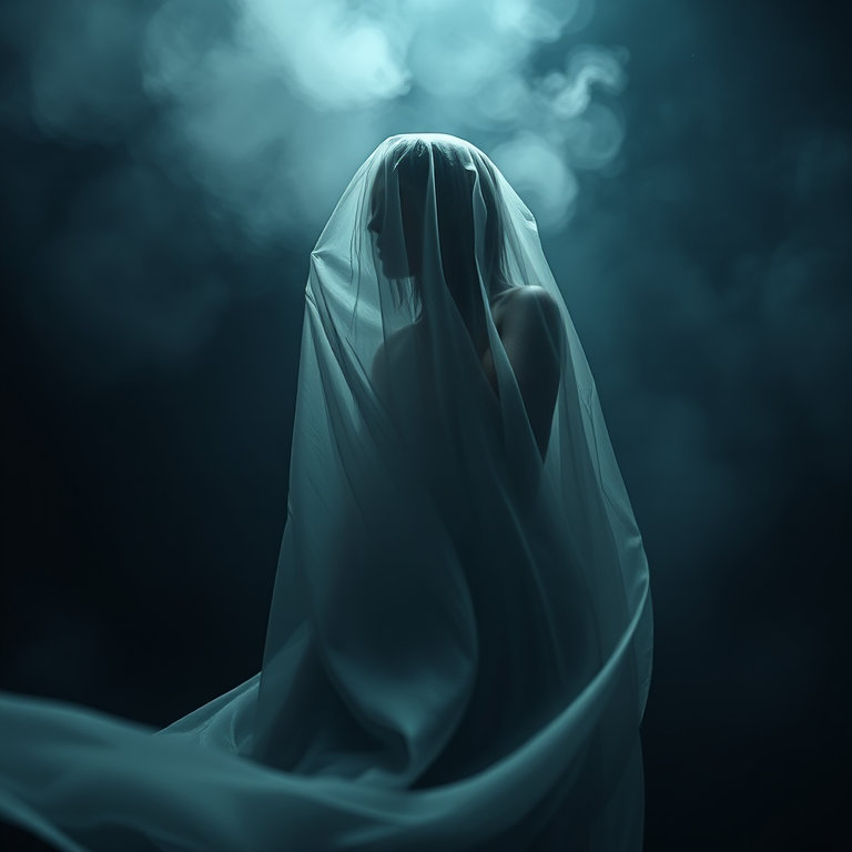 ethereal figure shrouded in translucent fabric, dramatic lighting with fog and soft diffusion, low-angle shot, narrow depth of field, 50mm lens, f/1.8 aperture, ISO 100, long exposure to capture motion in fabric, cinematic style