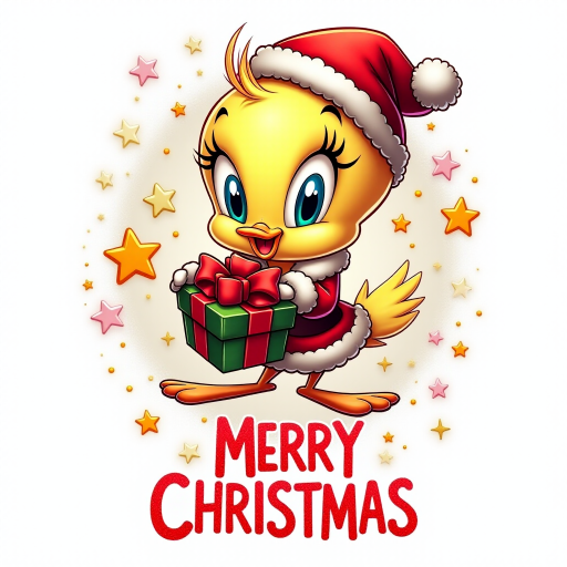 Merry Christmas” cosmic star art tweety bird wearing a Christmas hat and Santa jacket holding gift with a big bow tweety bird is extremely detailed and vibrant behind her is star cosmic design on white background that’s all Christmas colors red green white the words “MERRY CHRISTMAS” is written at the bottom in red electric font outline in black 3000dpi 32k